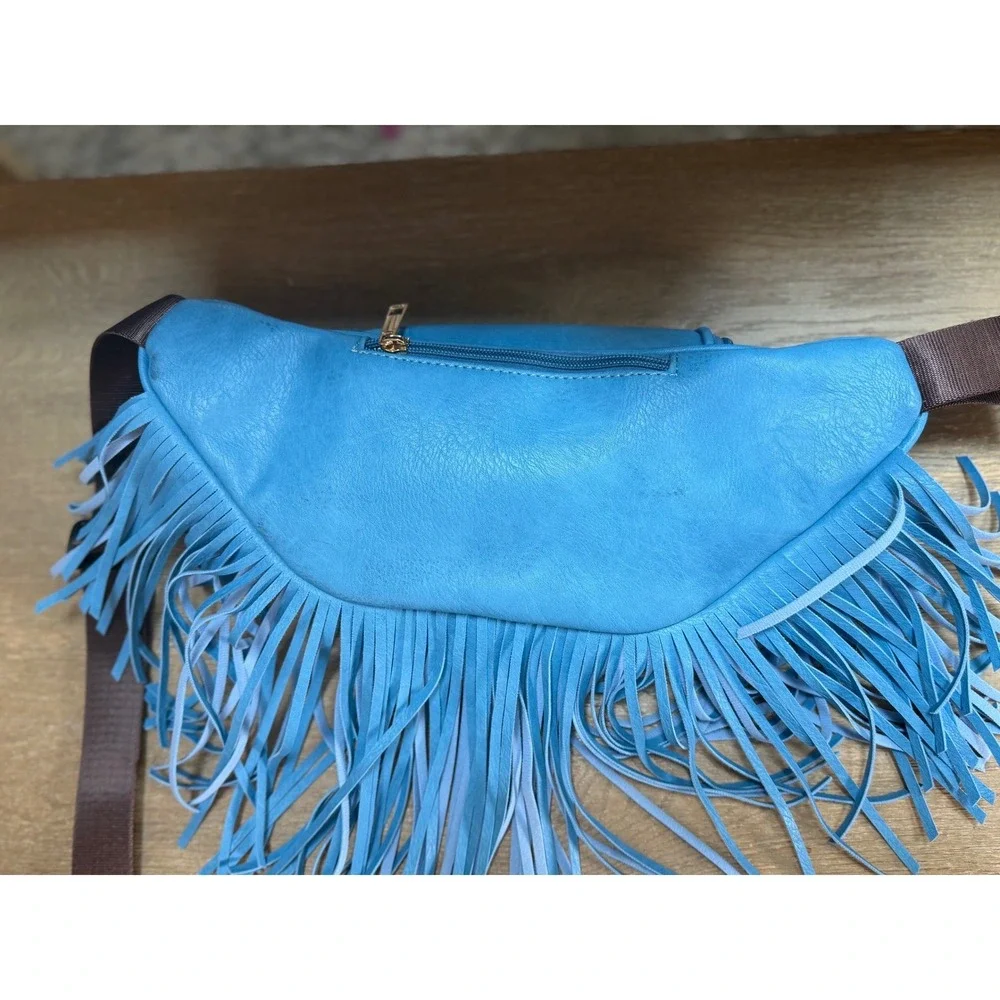 Fringe Tassel Fanny Pack Waist Bag Denim Blue Faux Leather Festival Boho Western - Picture 6 of 8
